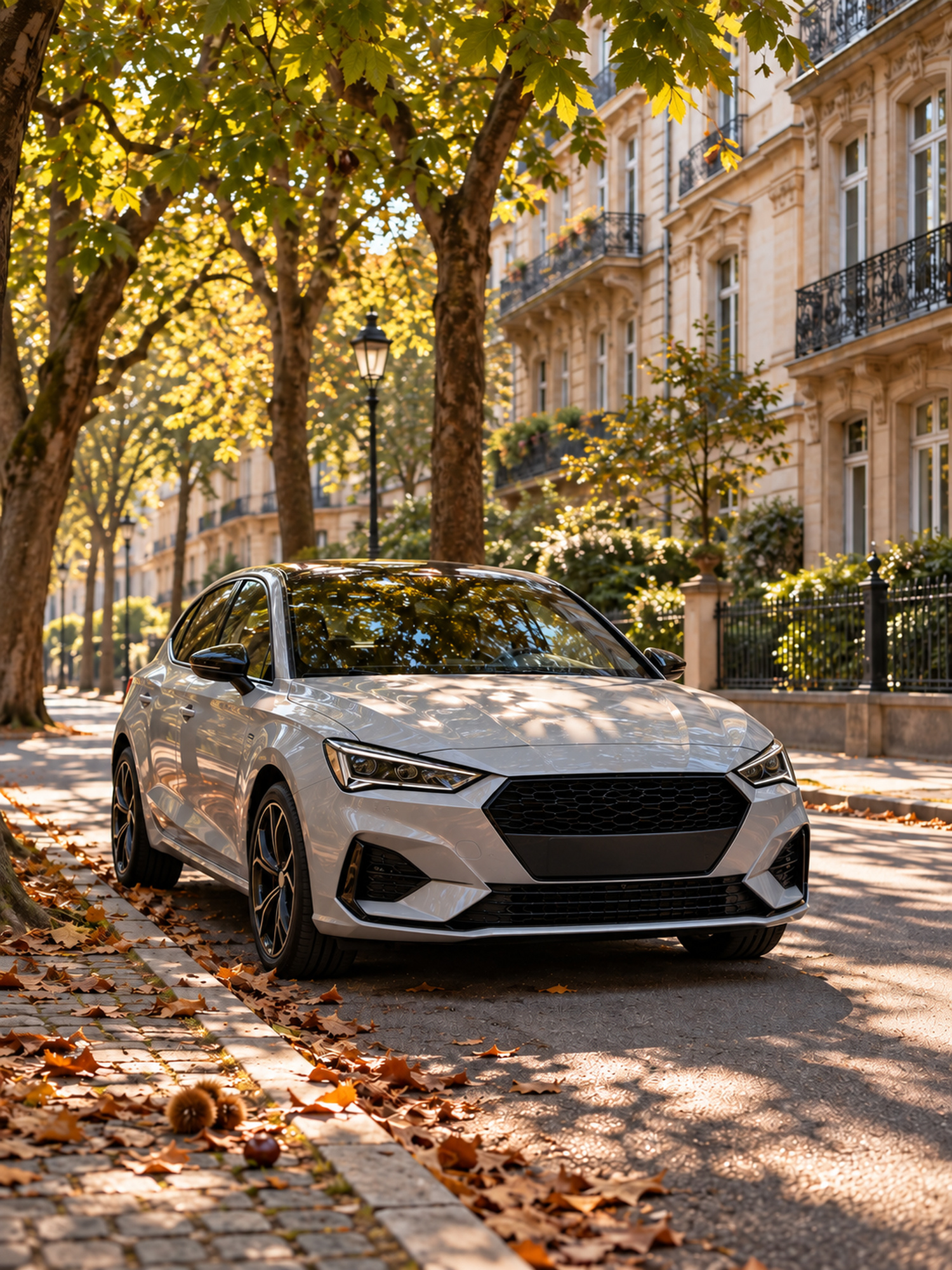 voiture claire sous les marronniers d'une allée strasbourgeoise