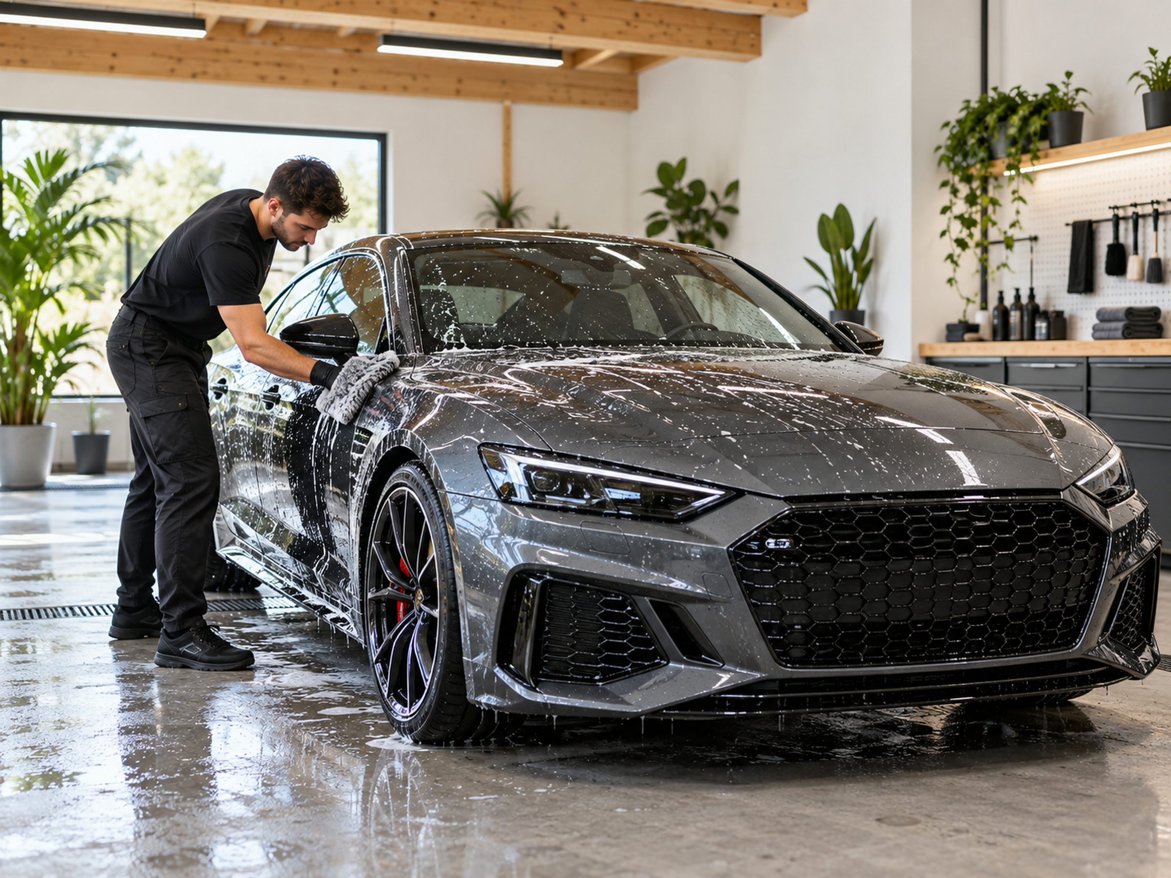 atelier lumineux aux murs blancs et poutres claires, une voiture, plantes